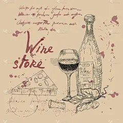 酒店产品手绘草图。葡萄，木桶，瓶子，奶酪，玻璃，复古风格的不可读的文字。矢量图