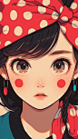 a girl with polka dots on her nose, and her hat on her head, in the style of surreal creatures, light red and cyan, dolly kei, playfully dark, poodlepunk, playful coloration, dark white and red