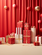 Gifts with red boxes and gold foil on a shelf, in the style of scattered composition, luminous hues, monochromatic abstractions, polka dot madness, light red, tabletop photography, stripes and shapes