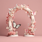 Butterfly and flower arch, pastel pink background, elegant, photo realism, realistic, 8k, octane render