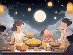 中秋满月一家人吃团圆饭赏月插画卡通唯美手绘可爱古风插画壁纸