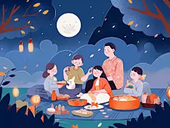 中秋满月一家人吃团圆饭赏月插画卡通唯美手绘可爱古风插画壁纸