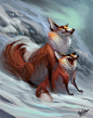 Fox Family, Ester Conceicao : Here's a painting of 2 Foxes I did today morning  I used Even Amundsen's work as reference for this piece <3 
Hope you like it!