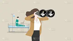 HR商人用双筒望远镜找一个候选人来代替生病的员工，在床上滴盐水。猎头、人力资源、职位空缺、征聘、雇用