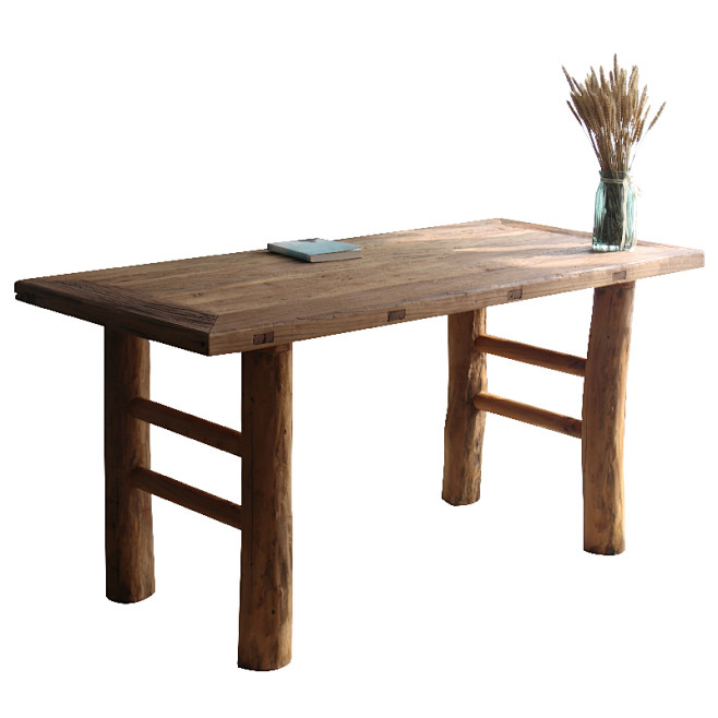 老榆木桌风化老木板圆腿复古茶桌书桌全实木置物架隔板餐桌可定做-淘宝网