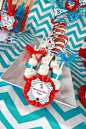Dr. Seuss Thing 1 and Thing 2 1st Birthday Party for Twins - Twin - Red and Aqua Blue - Chevron & Polka Dots - Candy Sweets Dessert Table - Buffet - Ideas - Marshmallow Pops