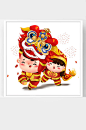 中国喜庆牛年新年卡通插画福娃舞狮子-众图网
