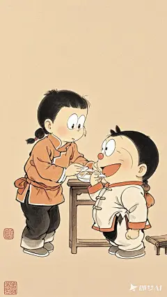 全景,水墨插画,极简主义，胖改的唐代可爱插画，（大雄哥哥给大雄弟弟喂药）现代人物与古风工笔画结合，画风细腻成熟，独特的“大脸”风格，识别度高，人物讨喜又不失韵味，可爱的Q版唐代风俗画，干净纯色背景。