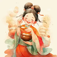 水彩画，中国传统女孩吃火锅，唐代奇幻喜庆海报
