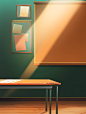 school room with a blackboard in the background vector price 1 credit usd $1, in the style of dark teal and light orange, minimalist backgrounds, photo-realistic still life, sunrays shine upon it, 8k resolution, hyper-realistic oil, light green and bronze