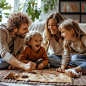 A happy family enjoys a playful afternoon together while engaging in a fun board game.