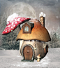 蘑菇,房屋,冬天,风景,垂直画幅,雪,无人,月亮,绘画插图,建筑外部