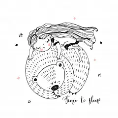 可爱的小女孩趴在大熊身上睡觉，手绘小清新T恤印花插画