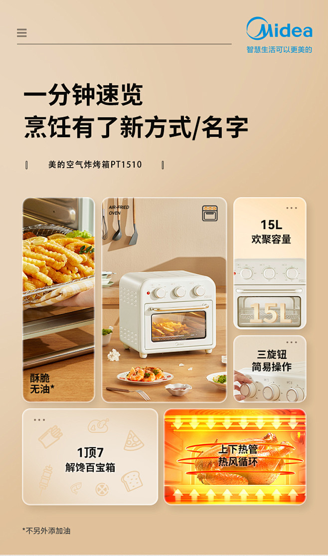 美的空气炸锅烤箱一体多功能家用新款15升...