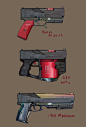 Pistol/ machine pistol concepts, Billy Machin : wanted to make a series of guns from one fictional company. Started photobashing, looking for forms that I liked, began to iterate until I saw themes start to appear, then chose three, homogenized the design