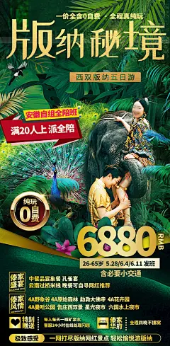 海报 旅游 云南 西双版纳 大象 孔雀 景点 美食