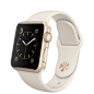 Apple Watch Sport - 38 毫米金色铝金属表壳搭配古董白色运动型表带 : Apple Watch Sport 采用阳极氧化铝金属表壳，共有银色、深空灰色、玫瑰金色和金色四种外观可选，可搭配一系列表带。查看 Apple Watch Sport 价格。