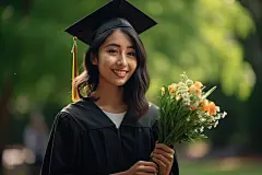 青年大学毕业学士帽手捧花摄影图
