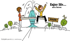 韩国矢量时尚简笔插画 坐在公园喷泉上的男孩跑步