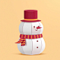 Vector paper art style illustration of a snowman with red scarf and hat on yellow background