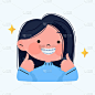 快乐微笑的女孩戴着牙套，翘着大拇指。手绘可爱的卡通人物手绘肖像矢量
