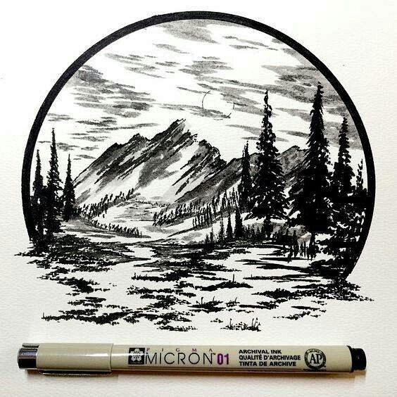 手绘黑白画线描针管笔将自然风景画进几何图形来自插画师derekmyers