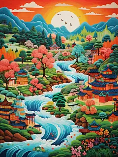 一幅展示河流、中国古代村落、中国古代建筑的油画，设计风格俏皮