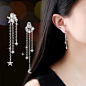 韩国s925银针耳环不对称锆石微镶星星月亮流苏耳坠长款气质耳饰品@北坤人素材