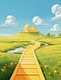 a gold house and gold path over a green grass landscape, blue sky, in the style of cartoon-inspired pop, cinematic sets, dao trong le, duckcore, light gold and gold, ferrania p30, multilayered realism