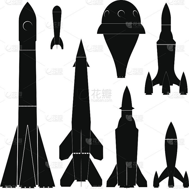 一组黑色的剪影火箭