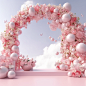 floral backdrop arch to be viewed as a backdrop with shades of light pink flowers and balloons. 4k, wide angle