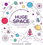 Set of huge space universe illustration. Space infographic. Space icon. Space thin lines background. Space flat elements. Space label. Space concept design. Outer space rocket flying into solar system: 