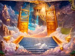 这可能包含：一幅艺术画，画中有通往天空的楼梯，楼梯周围有金色的大门和云彩