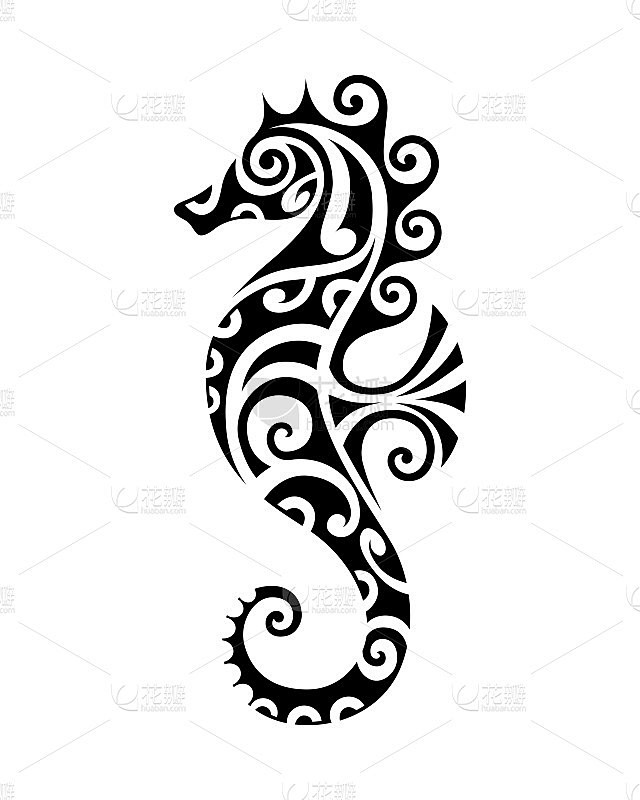 海马矢量插图毛利风格纹身。程式化的图形海...