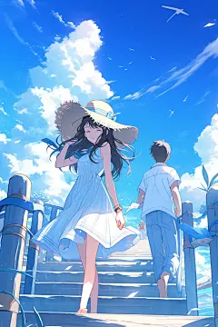 学生放暑假手绘结伴插画