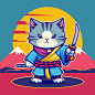 A cute cat in the style of Japanese traditional samurai, dressed as an ice cream ninja with yellow and blue . The background is a colorful sunset. Vector illustration design for t-shirt printing. Cartoon character vector sticker logo icon design concept. 