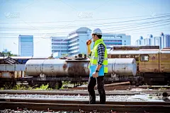 负责铁路检查和铁路和火车站施工过程检查的工程师。在工作中穿着安全制服和安全帽，手持文件。