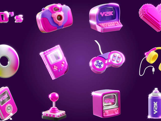 3D Retro 90s Icon 18款90年代Y2K复古3D数码产品游戏机潮流插图插画png免抠图片素材 - UIGUI