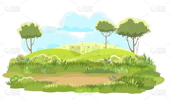 林间空地。有趣美丽的植被景观。天空。卡通风格。有草和树的小山。很酷的浪漫漂亮。平面设计背景说明。孤立
