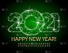 矢量贺卡，祝2021年新年快乐，星星星点点。金色字母和数字。精英大写字母字体