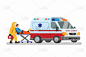 911救护车。急救车与医生穿防护服携带病人到医院的概念在卡通插图矢量孤立在白色背景