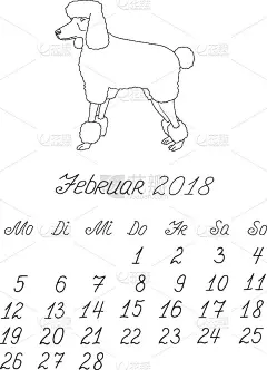 创意矢量徒手涂鸦每月德国日历模板2018年与说明不同的狗的血统。字体,字体。2月,贵宾犬。可编辑的。