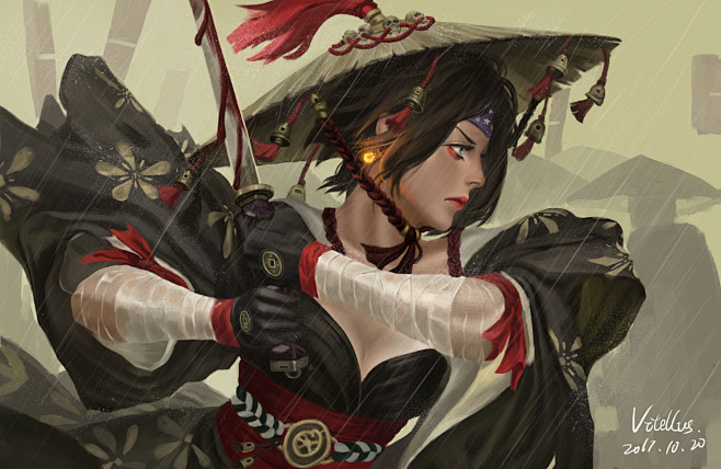 一般1920x1249guweiz武士刀数码艺术幻想女孩战士水滴血液幻想艺术