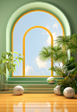 a green room with a round windowsill and table with plant on it, in the style of pastel dreamscapes, bright backgrounds, arched doorways, pseudo-realistic, brightly colored, mirror, light amber and sky-blue