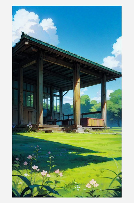 AI数字艺术绿植湖畔亭台楼阁场景插画-众...
