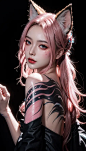  1 girl, fox ears, beautiful face,(Scales | Body painting :1.5), pink hair, pink lips, (seductive), backlight, starry sky