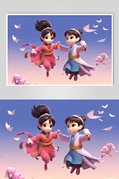 AI数字艺术Q版七夕牛郎织女人物模型