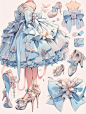 蓝色系Lolita服装手绘