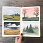 We love to paint little test paintings before we commit to the final painting. A moleskin notebook is the perfect place to block out the composition and try out color palettes. Our 2018 Land & Sky calendar is selling so fast that weve already started 