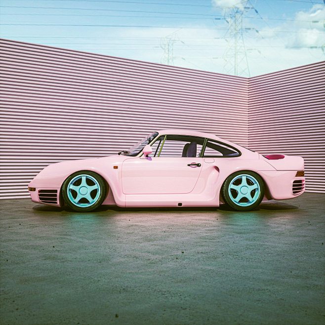 a pink car parked in...